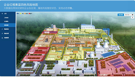 企業(yè)風(fēng)險(xiǎn)分級(jí)四色分布圖，動(dòng)態(tài)展現(xiàn)風(fēng)險(xiǎn)管控結(jié)果，安全隱患實(shí)時(shí)提醒，風(fēng)險(xiǎn)管控狀況及時(shí)預(yù)警。